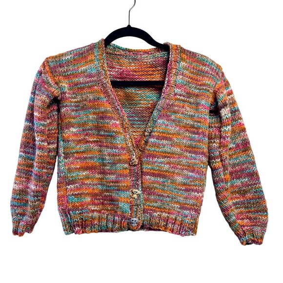 Handmade Other - HAND KNIT Oversized Multicolor Cardigan Girls 8 Dog Buttons Handmade Sweater